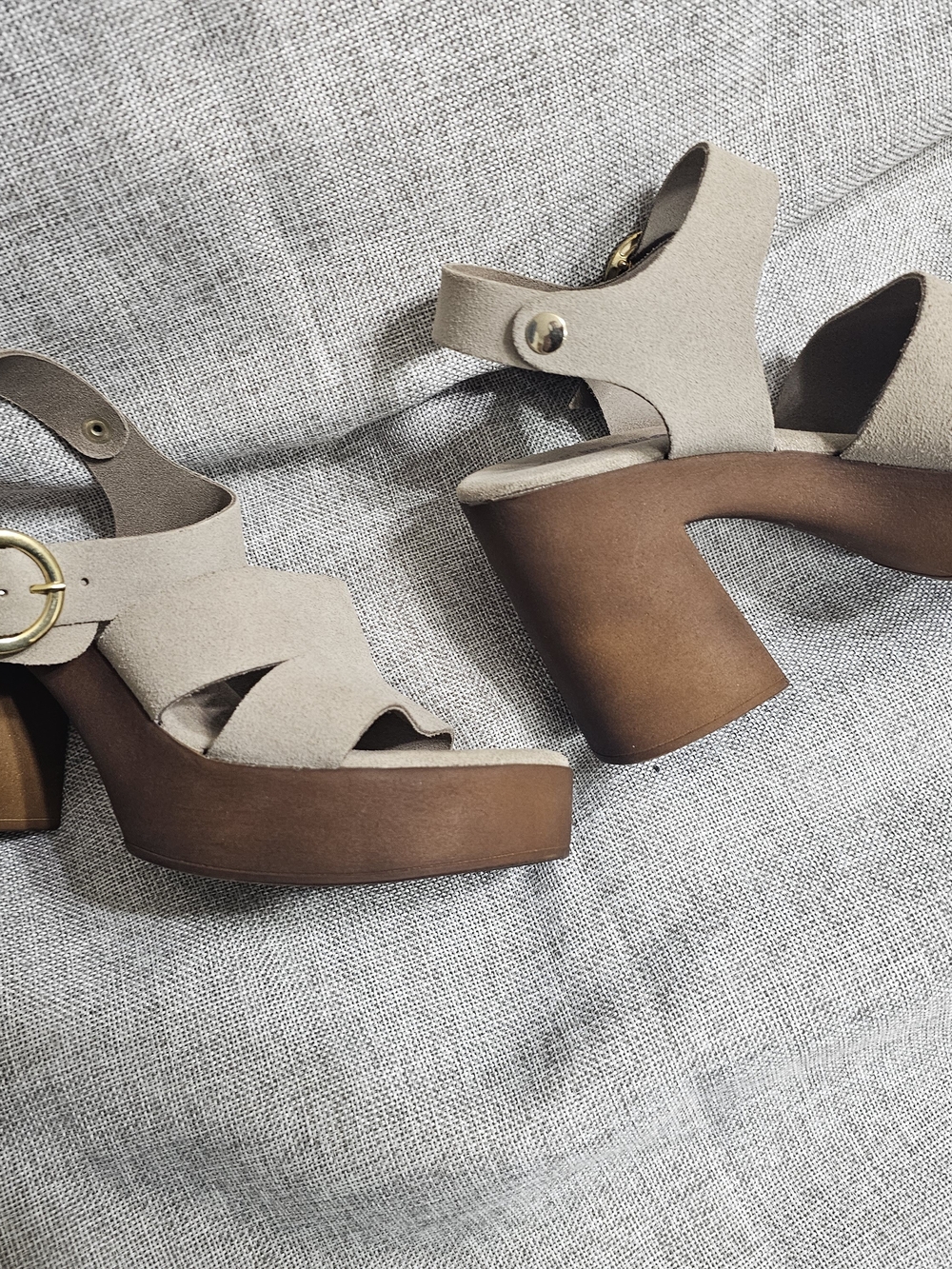 Neutral Beige Suede Platform Sandals with Chunky Brown Heel